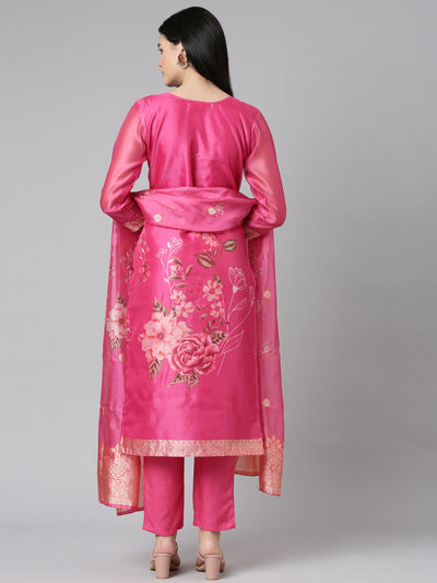 Neerus Pink Casual Floral Straight Kurta and Trousers With Dupatta