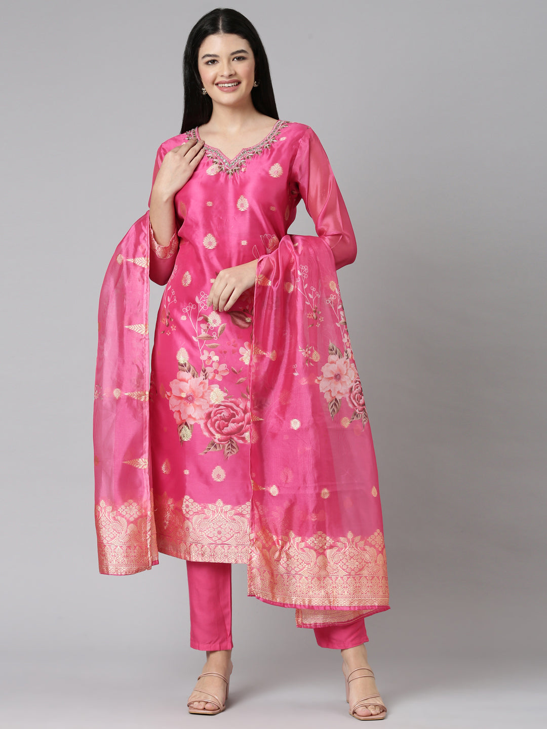 Neerus Pink Casual Floral Straight Kurta and Trousers With Dupatta