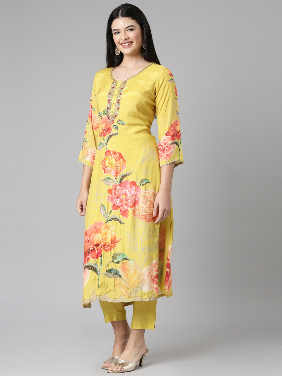 Neerus Mustard Casual Floral Straight Kurta and Trousers With Dupatta