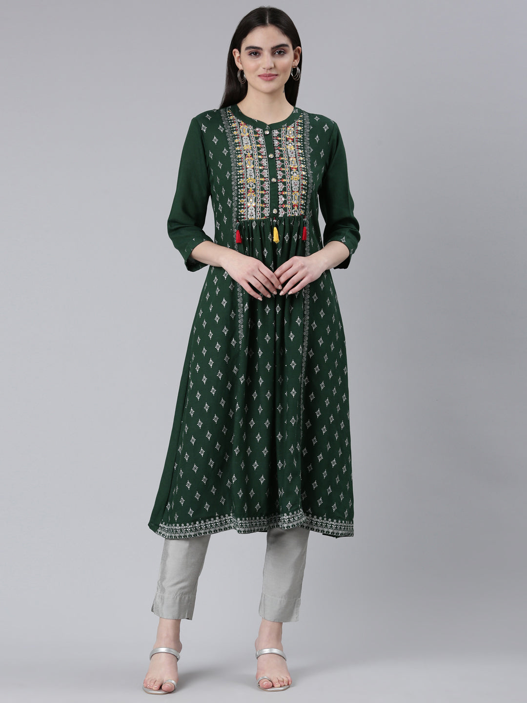 Neeru's Green Pleated Straight Printed Kurtas