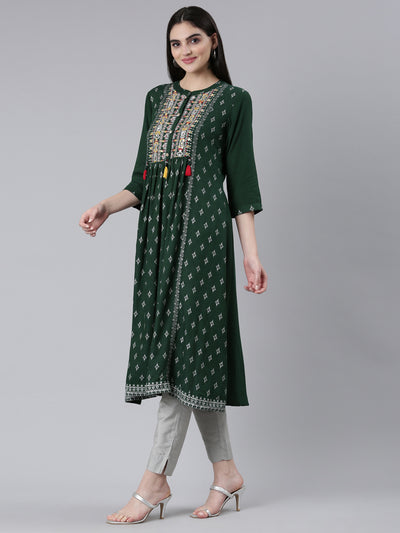 Neeru's Green Pleated Straight Printed Kurtas