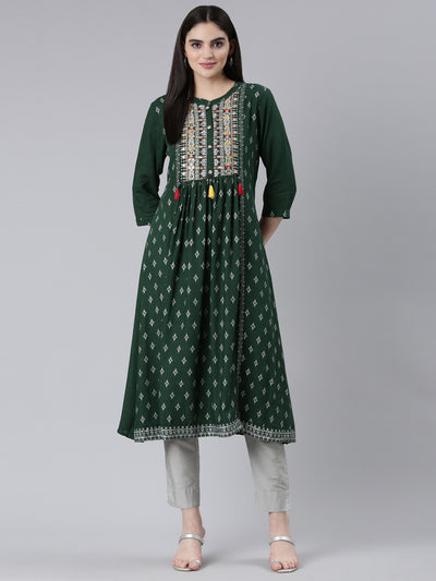 Neeru's Green Pleated Straight Printed Kurtas