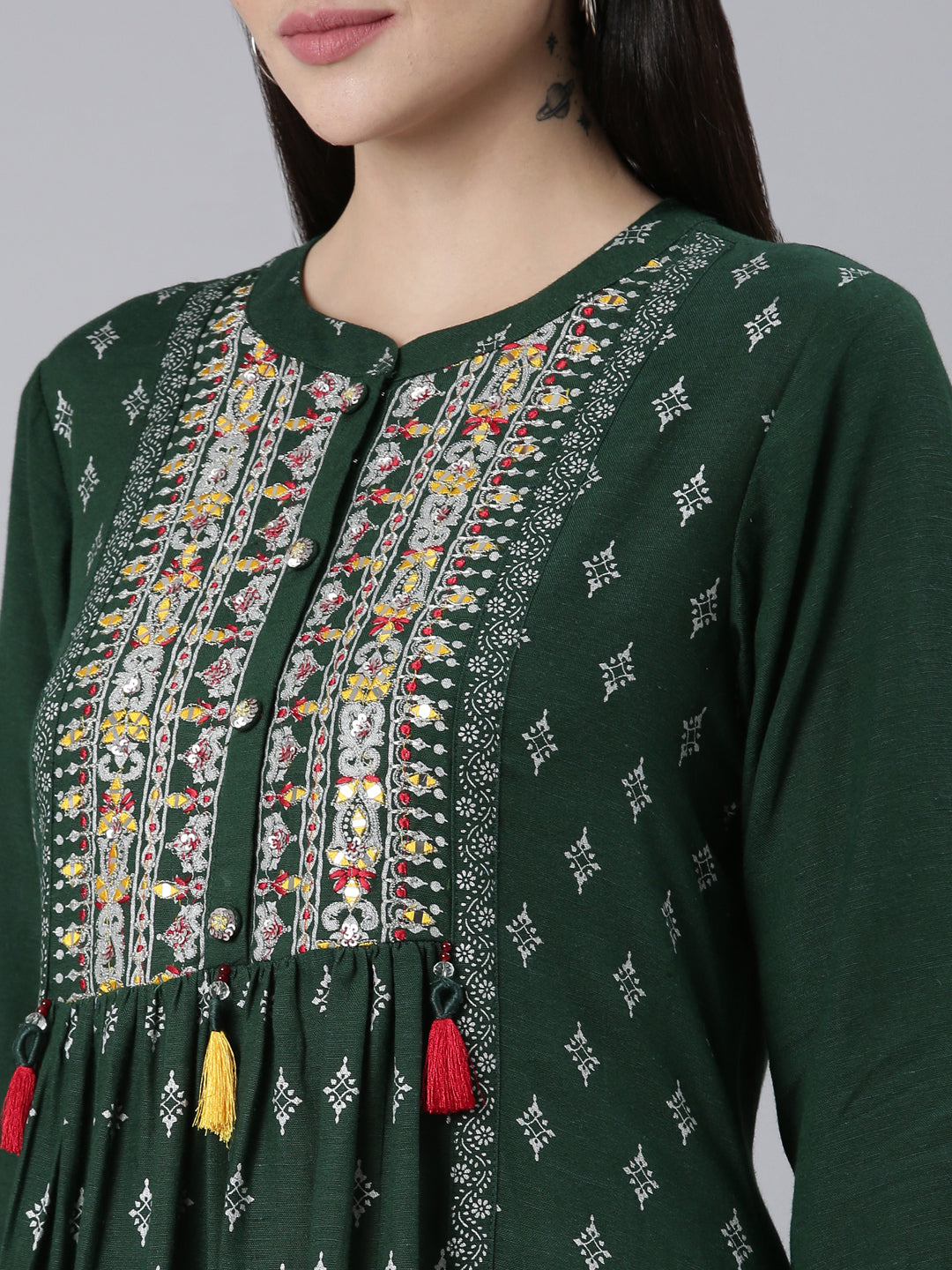 Neeru's Green Pleated Straight Printed Kurtas