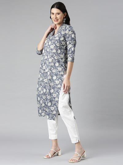 Neerus Grey Casual Floral Straight Kurtas