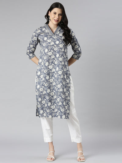 Neerus Grey Casual Floral Straight Kurtas