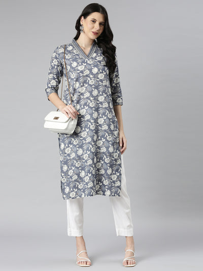 Neerus Grey Casual Floral Straight Kurtas