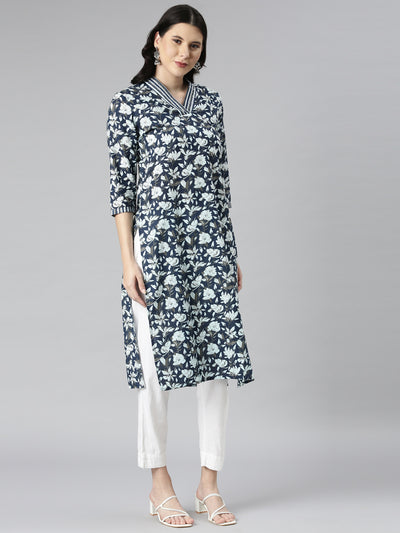 Neerus Navy Blue Casual Floral Straight Kurtas