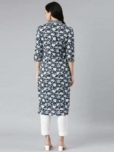 Neerus Navy Blue Casual Floral Straight Kurtas