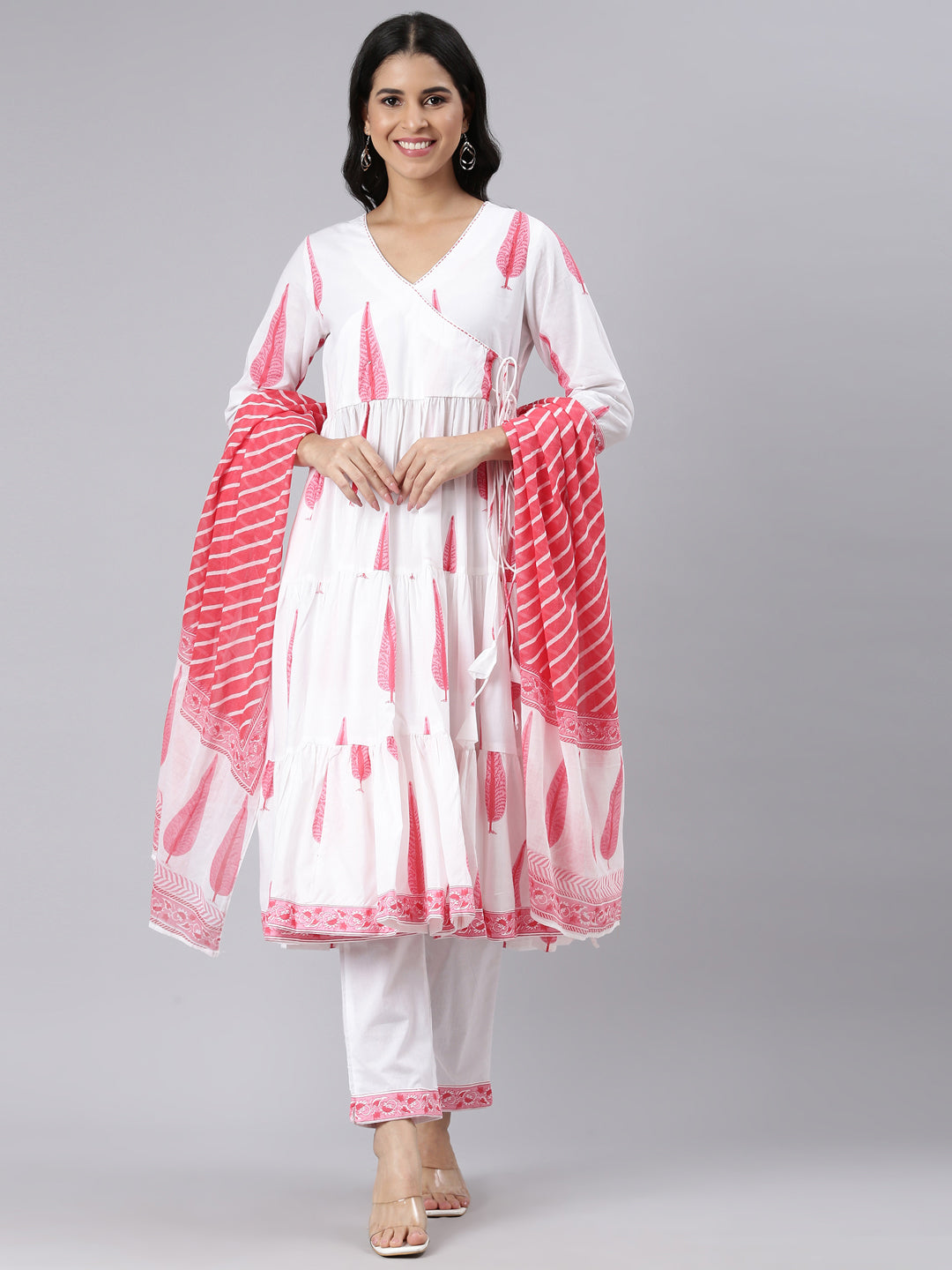 Neerus Cream Angrakha Curved Printed Kurta and Trousers With Dupatta