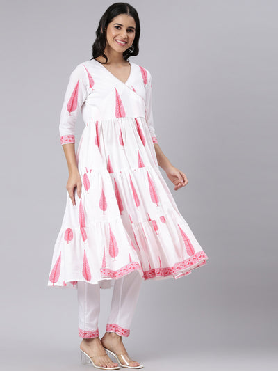 Neerus Cream Angrakha Curved Printed Kurta and Trousers With Dupatta