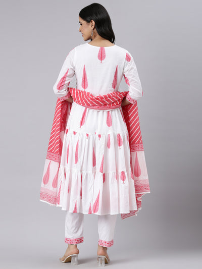 Neerus Cream Angrakha Curved Printed Kurta and Trousers With Dupatta