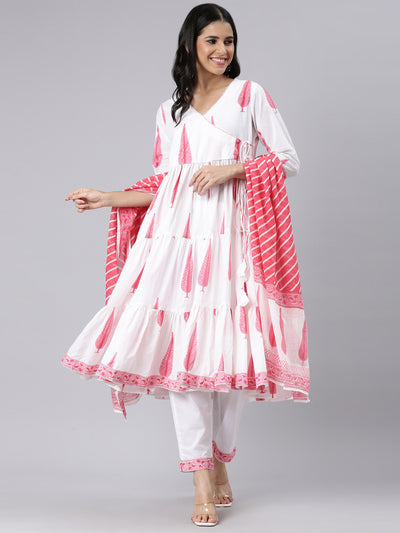 Neerus Cream Angrakha Curved Printed Kurta and Trousers With Dupatta