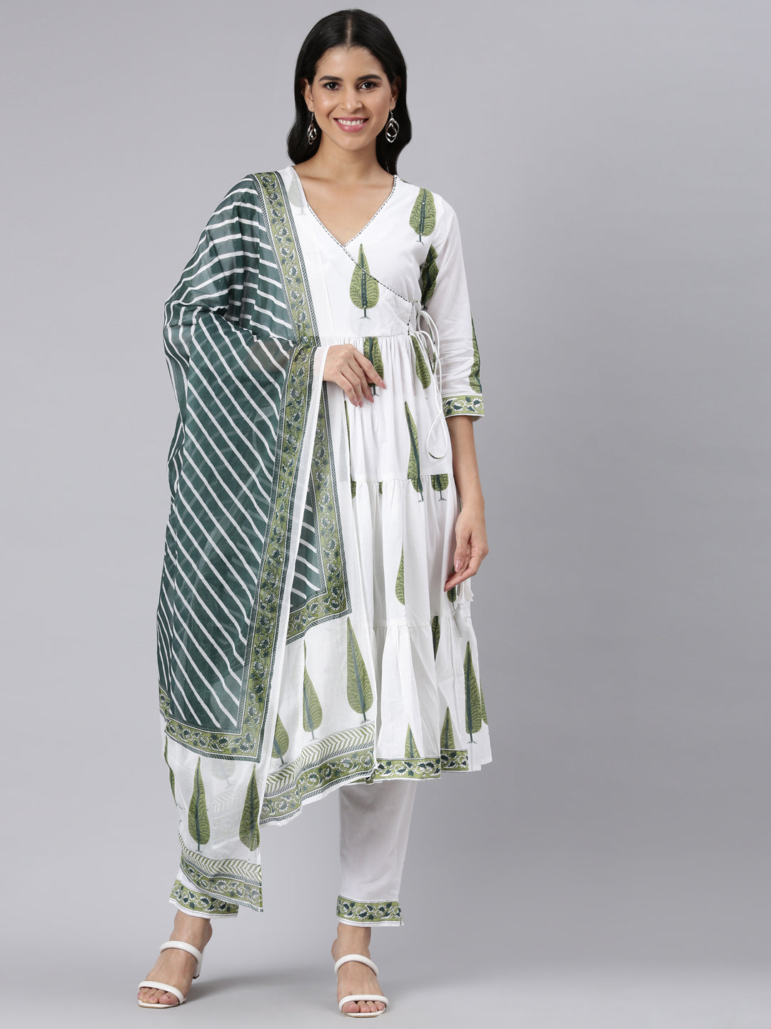 Neerus Green Angrakha Curved Printed Kurta and Trousers With Dupatta