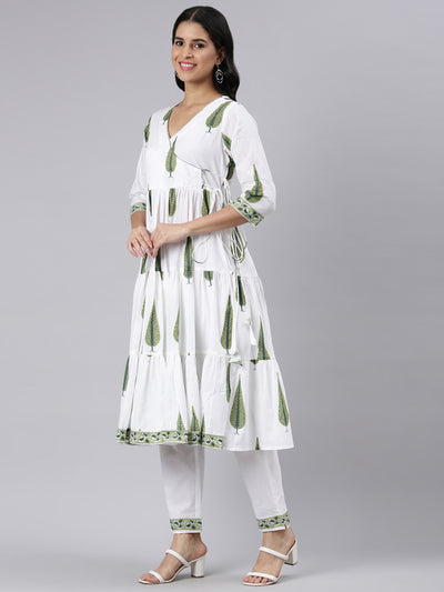 Neerus Green Angrakha Curved Printed Kurta and Trousers With Dupatta