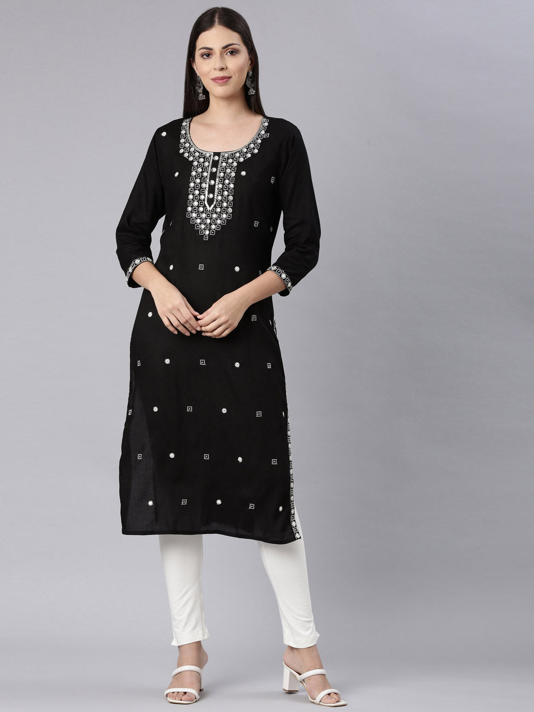 Neerus Black Straight Casual Solid Straight Kurtas