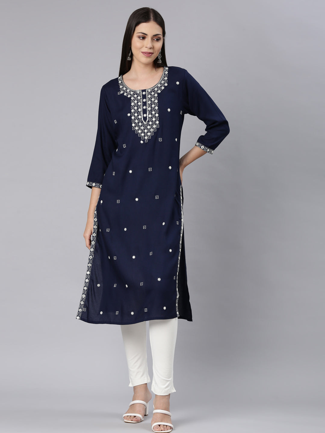 Neerus Navy Blue Straight Casual Solid Straight Kurtas