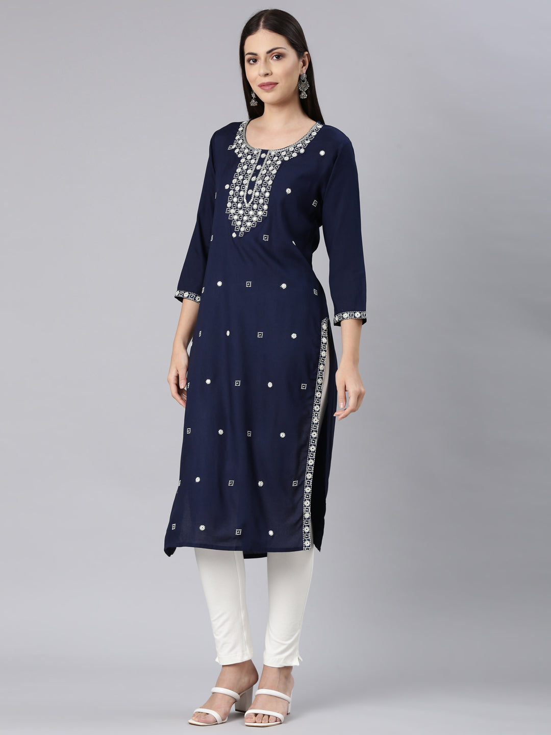 Neerus Navy Blue Straight Casual Solid Straight Kurtas