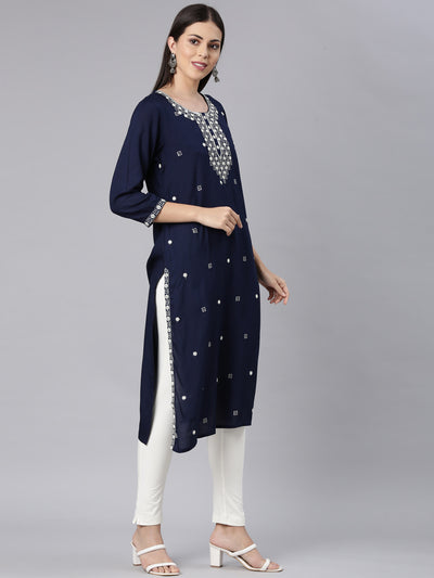 Neerus Navy Blue Straight Casual Solid Straight Kurtas