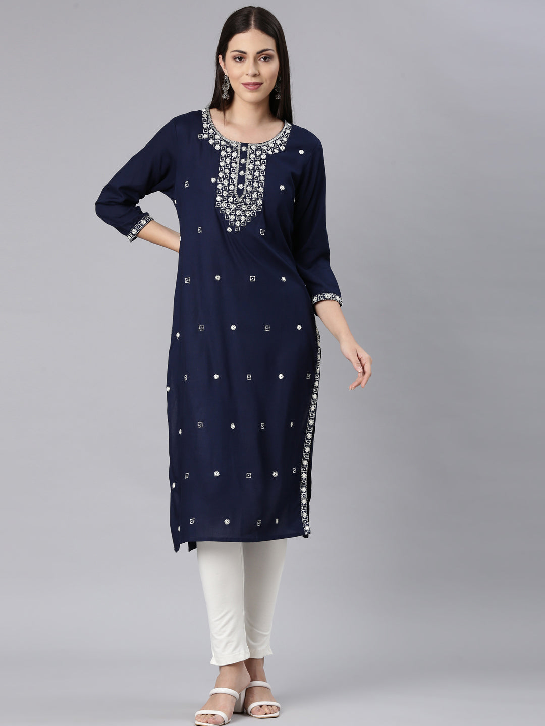 Neerus Navy Blue Straight Casual Solid Straight Kurtas