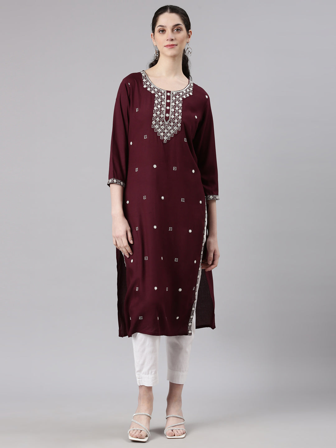 Neerus Red Straight Casual Embellished Kurtas