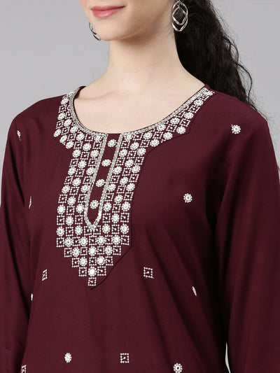 Neerus Red Straight Casual Embellished Kurtas