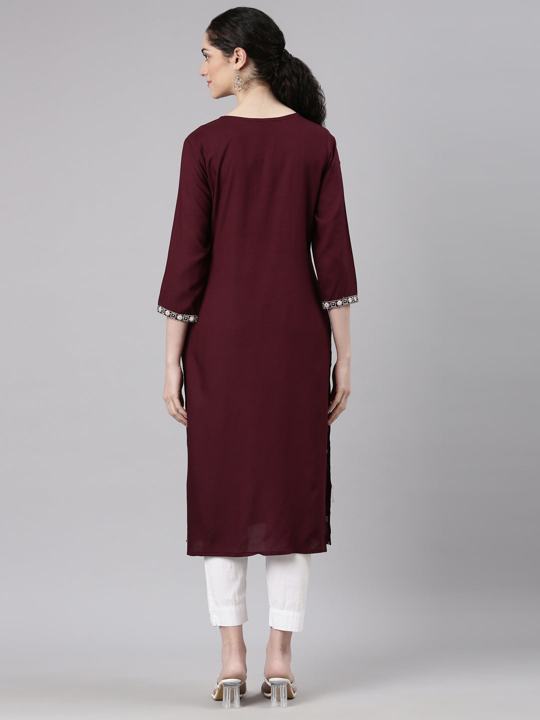 Neerus Red Straight Casual Embellished Kurtas