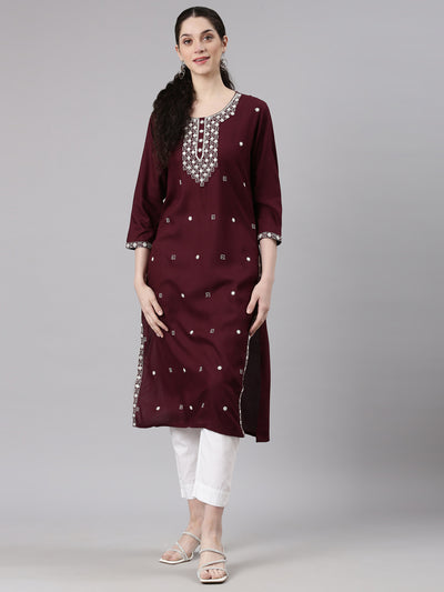 Neerus Red Straight Casual Embellished Kurtas