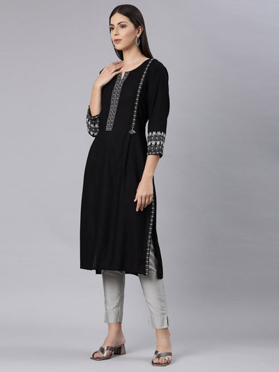 Neerus Black Straight Casual Solid Straight Kurtas