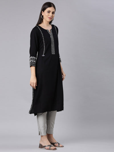 Neerus Black Straight Casual Solid Straight Kurtas