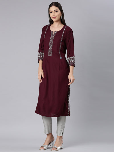 Neerus Maroon Straight Casual Solid Straight Kurtas