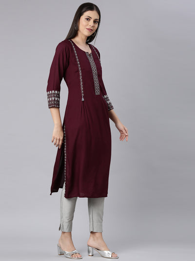 Neerus Maroon Straight Casual Solid Straight Kurtas