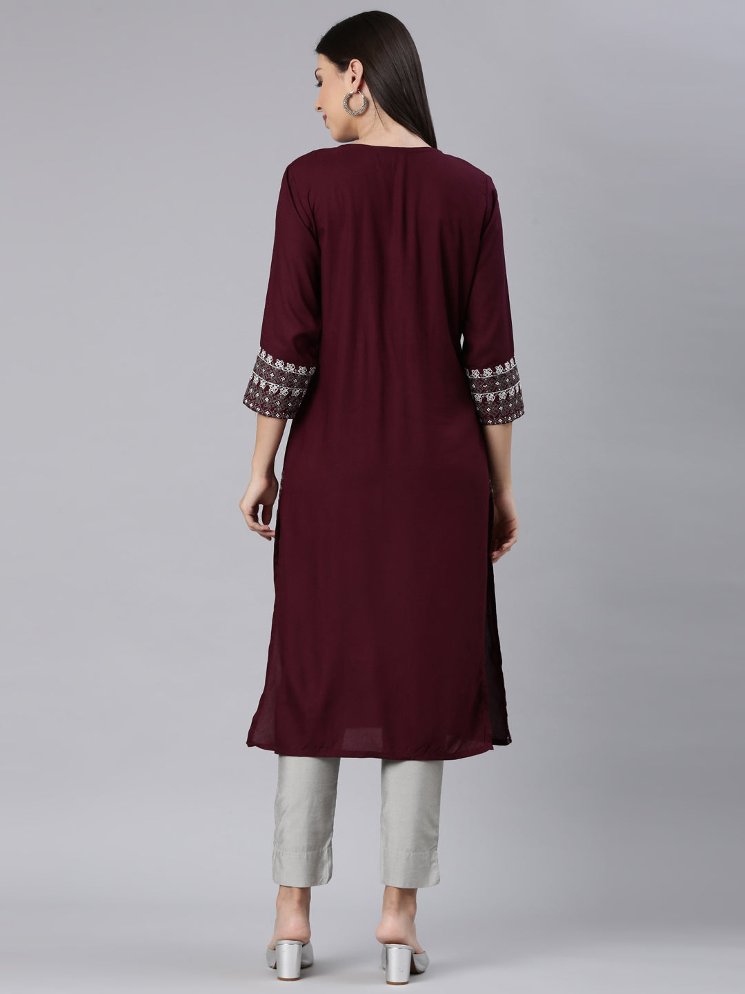 Neerus Maroon Straight Casual Solid Straight Kurtas