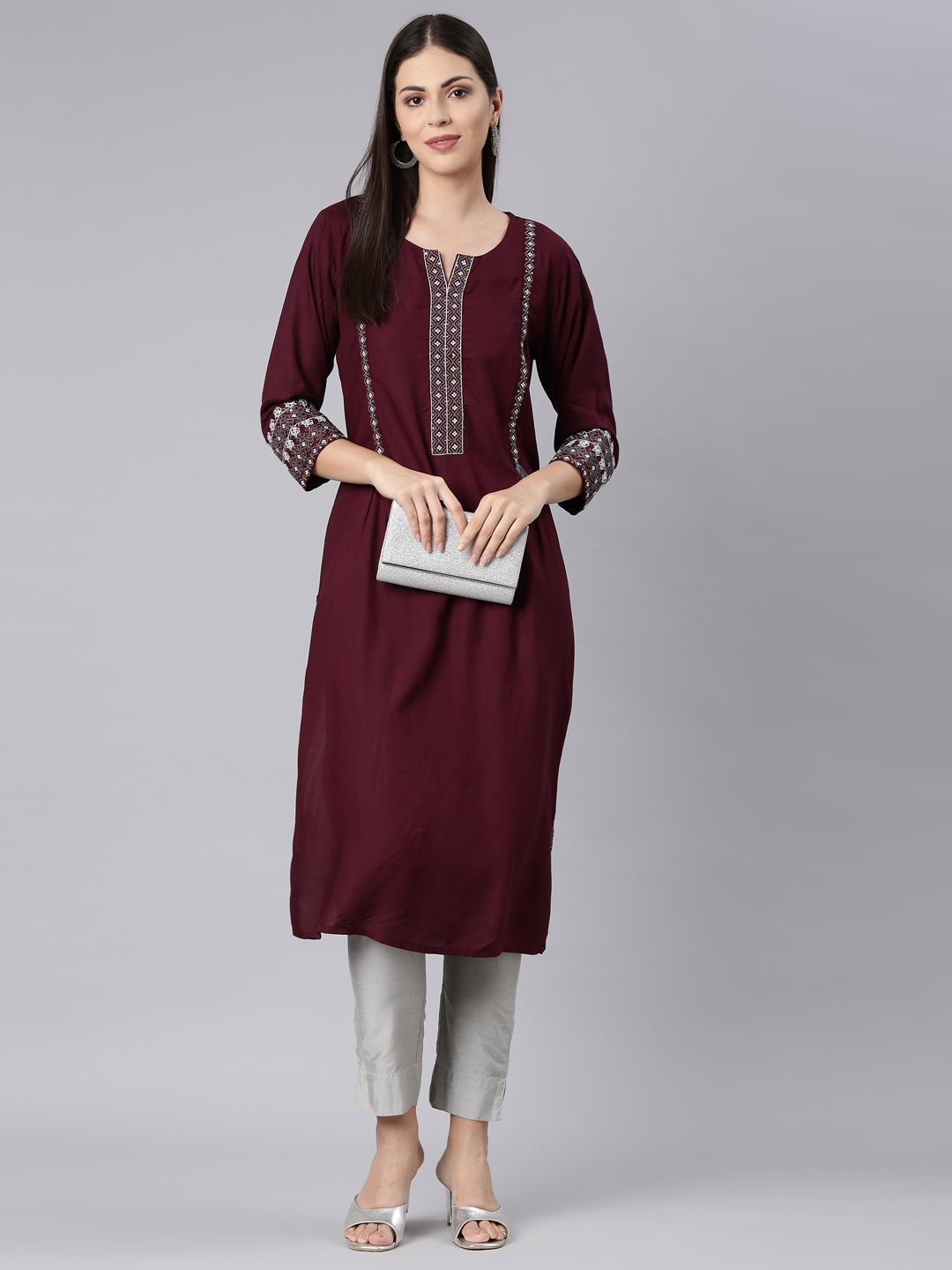 Neerus Maroon Straight Casual Solid Straight Kurtas