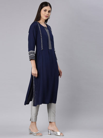 Neerus Navy Blue Straight Casual Solid Straight Kurtas