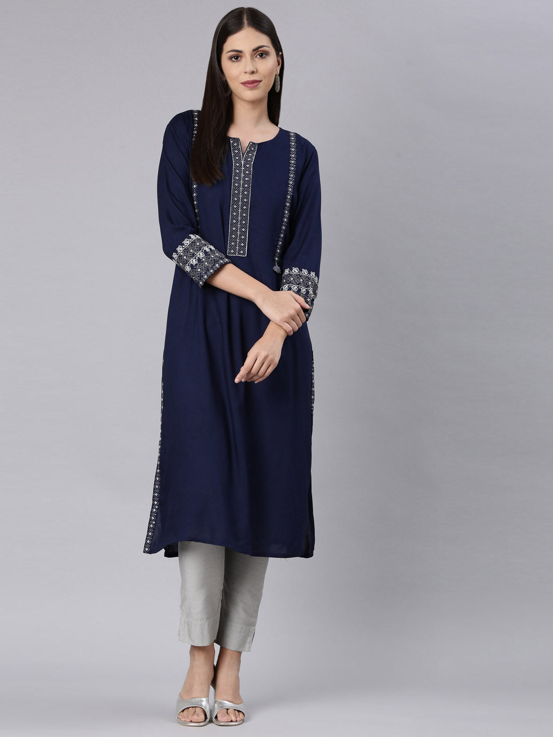 Neerus Navy Blue Straight Casual Solid Straight Kurtas