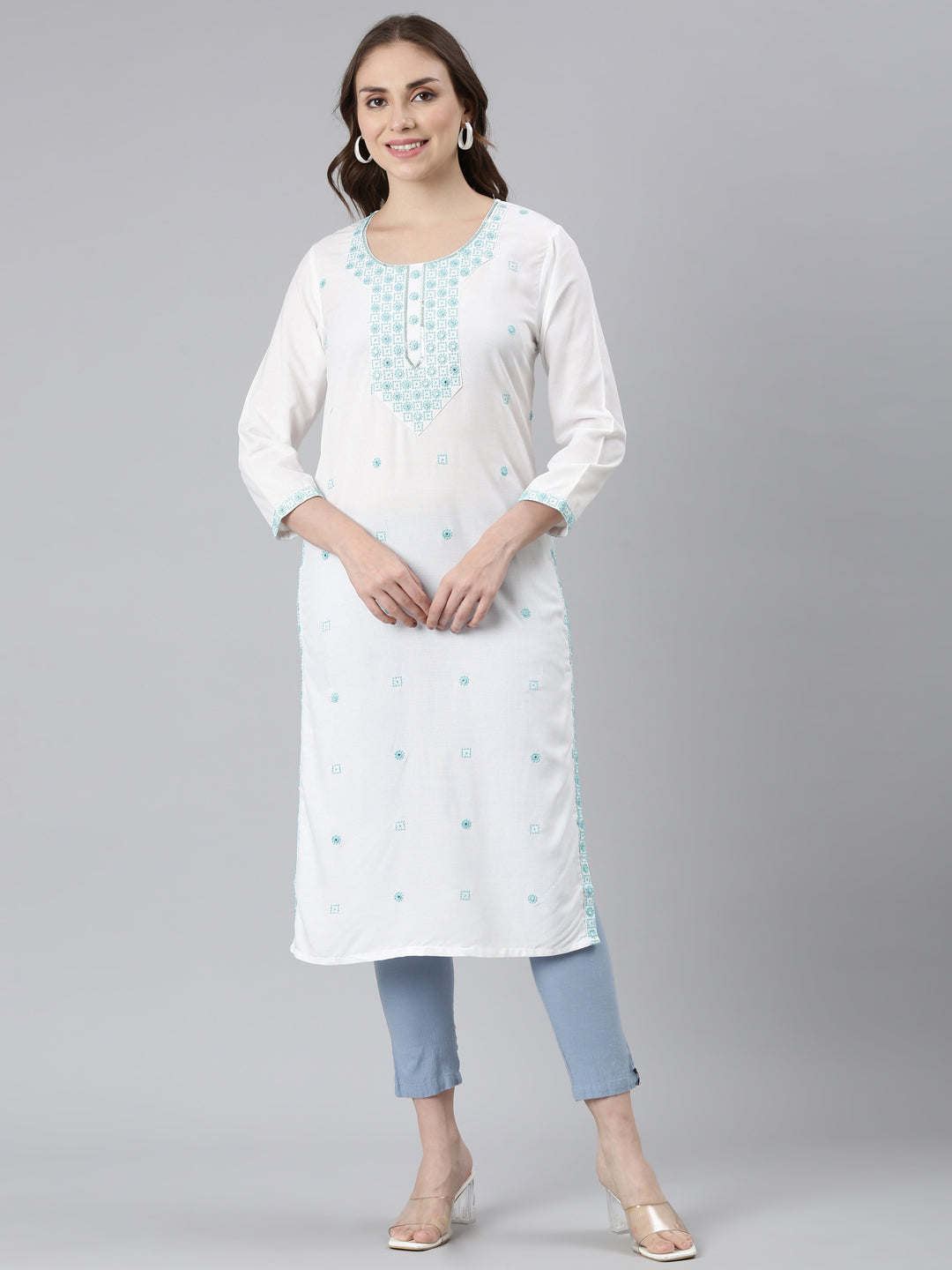 Neerus Turquoise Blue Straight Casual Solid Straight Kurtas