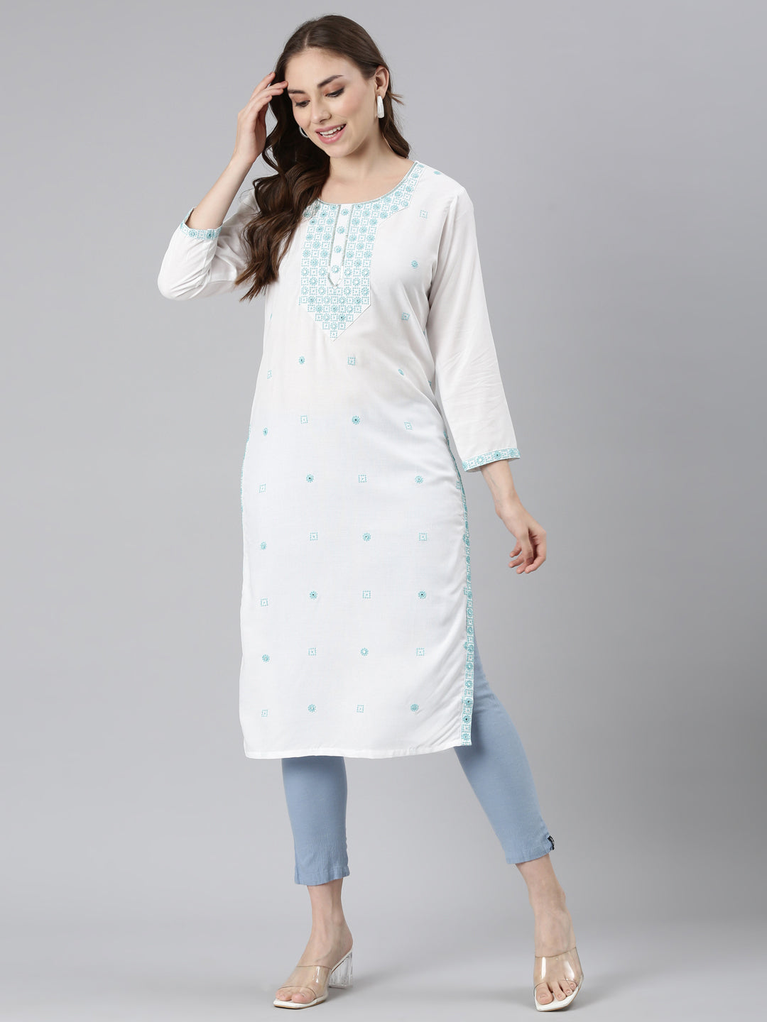 Neerus Turquoise Blue Straight Casual Solid Straight Kurtas