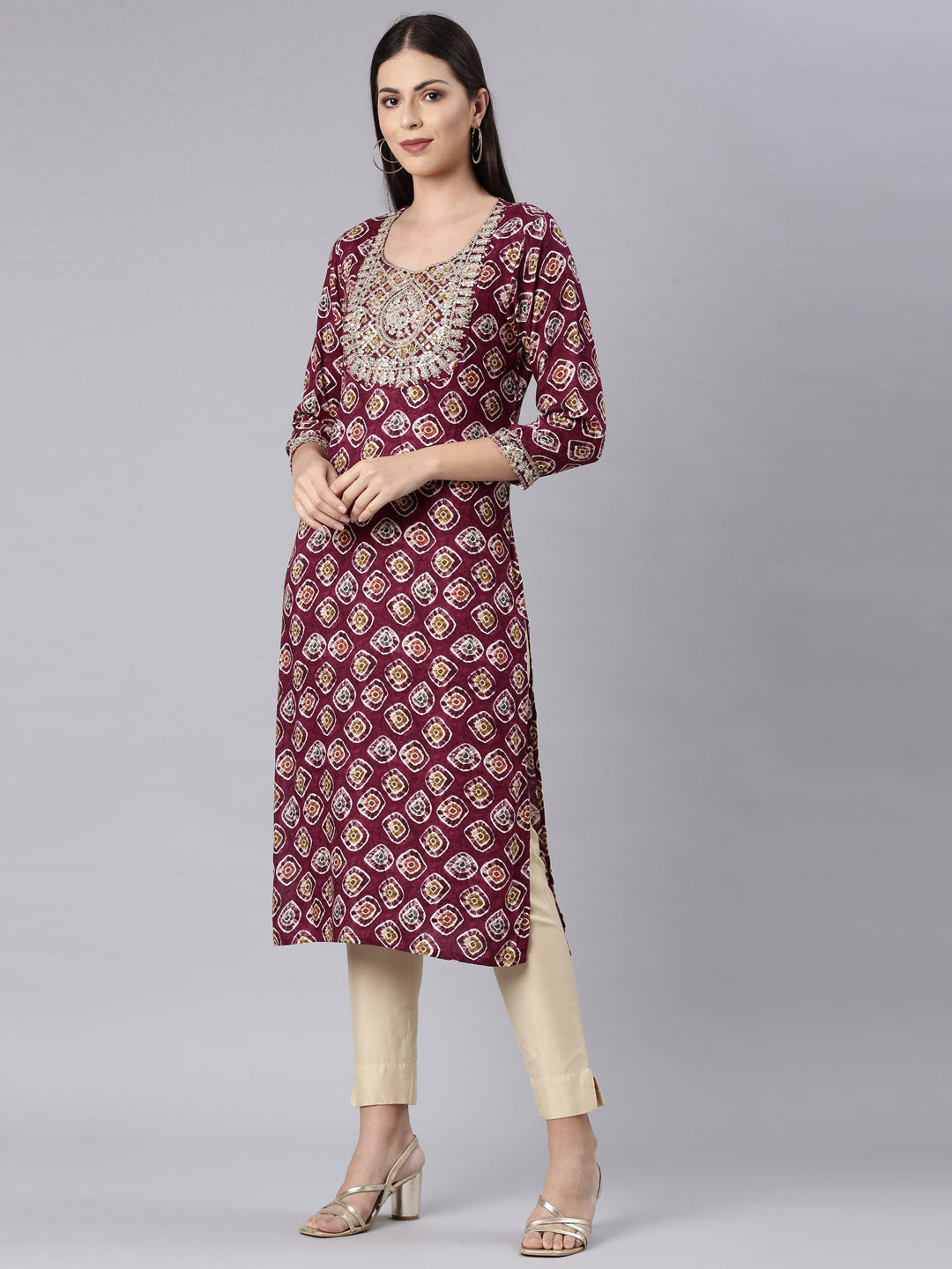 Neerus Purple Straight Casual Embellished Straight Kurtas