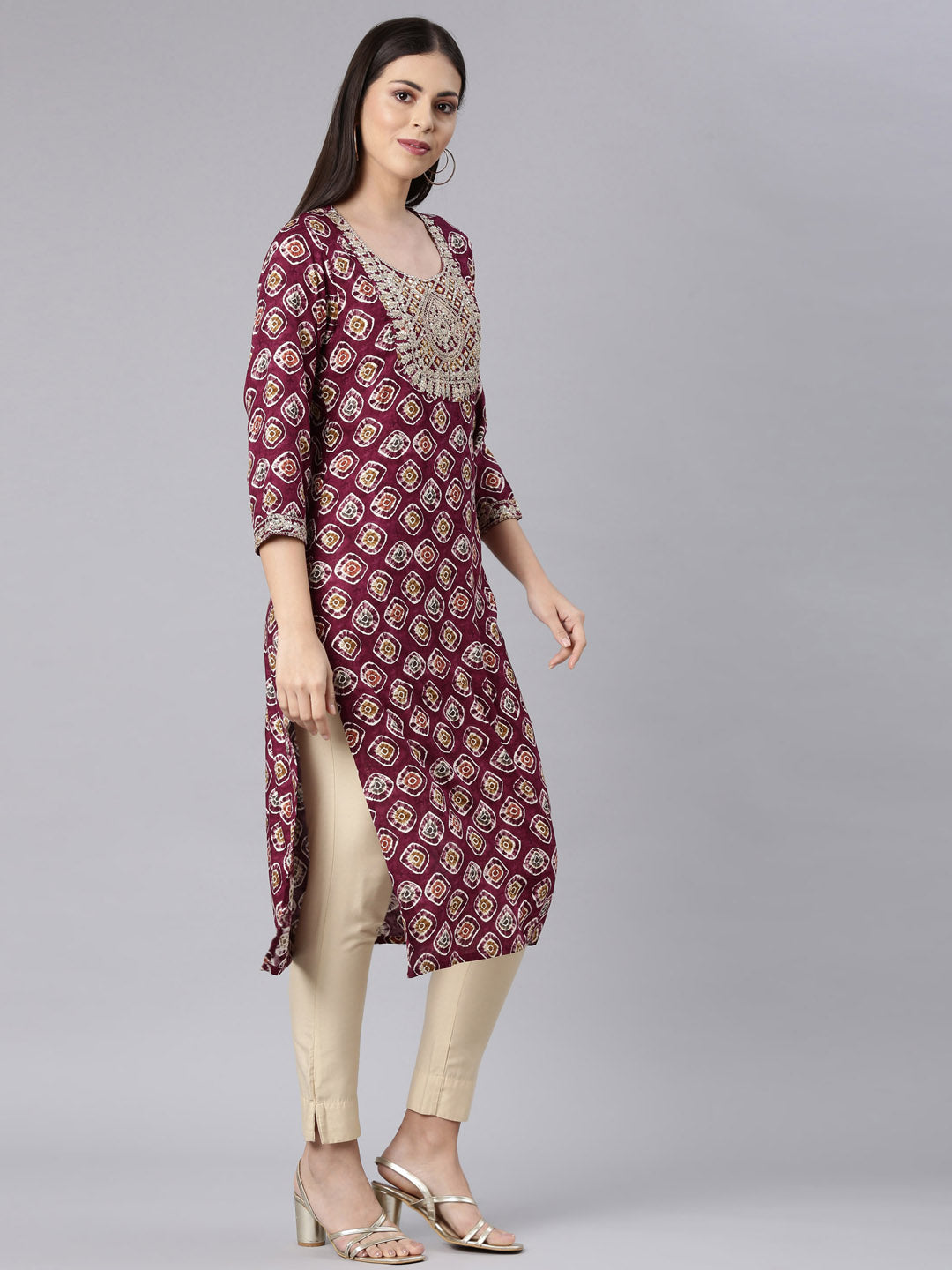 Neerus Purple Straight Casual Embellished Straight Kurtas