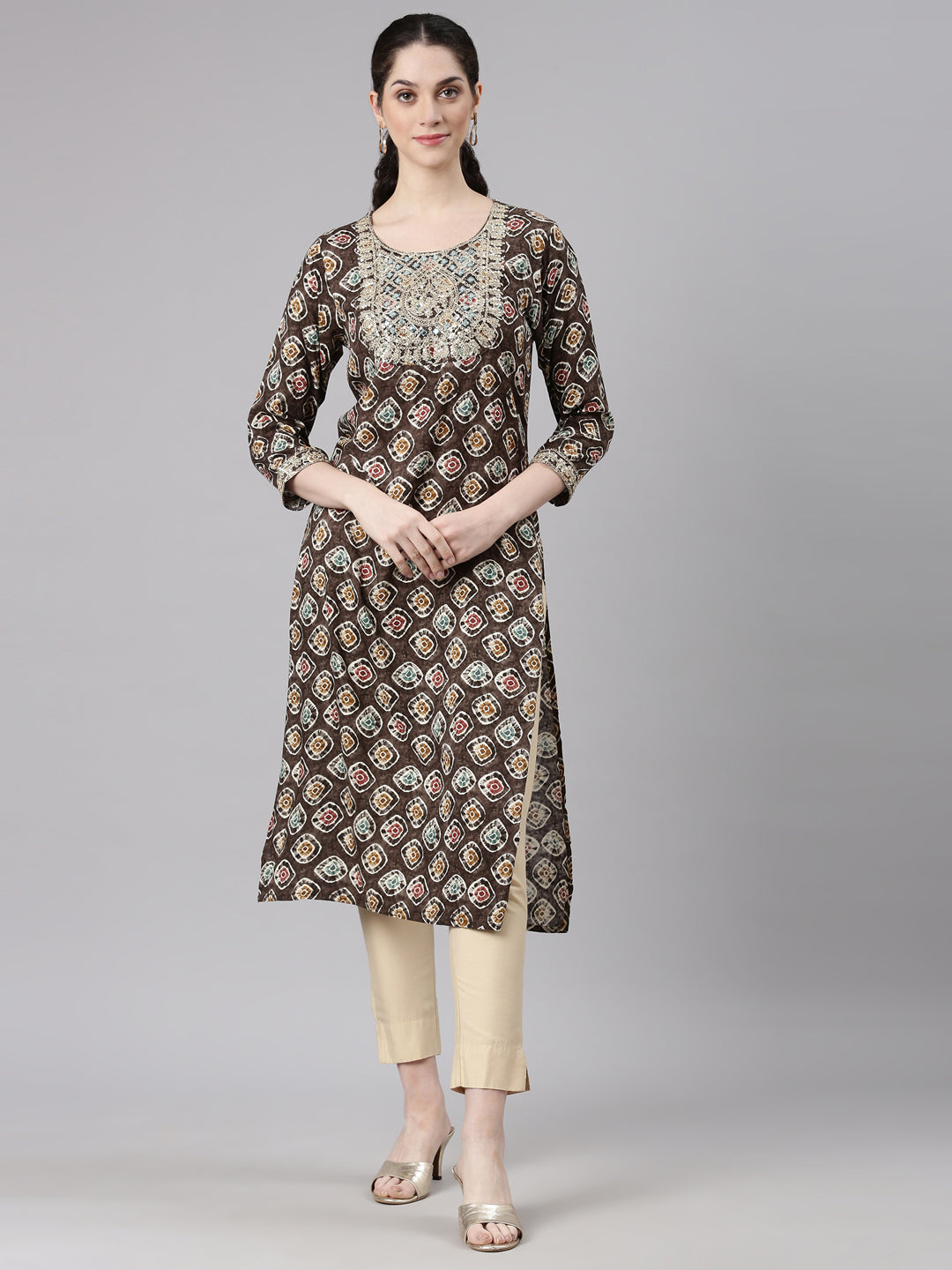 Neerus Grey Straight Casual Embellished Kurtas