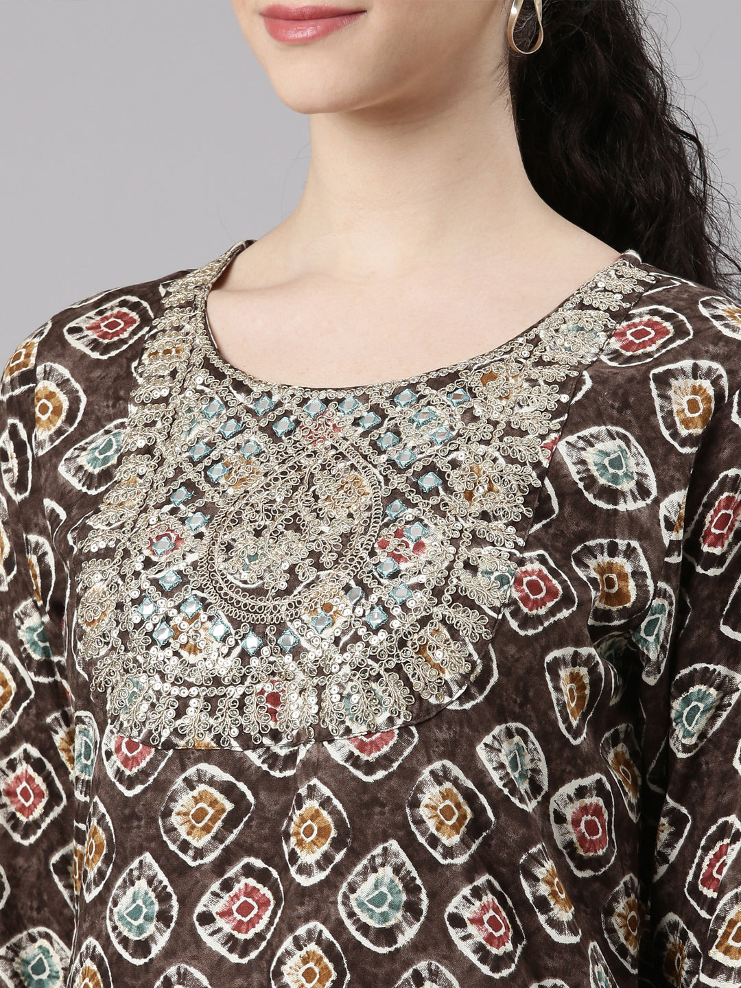 Neerus Grey Straight Casual Embellished Kurtas