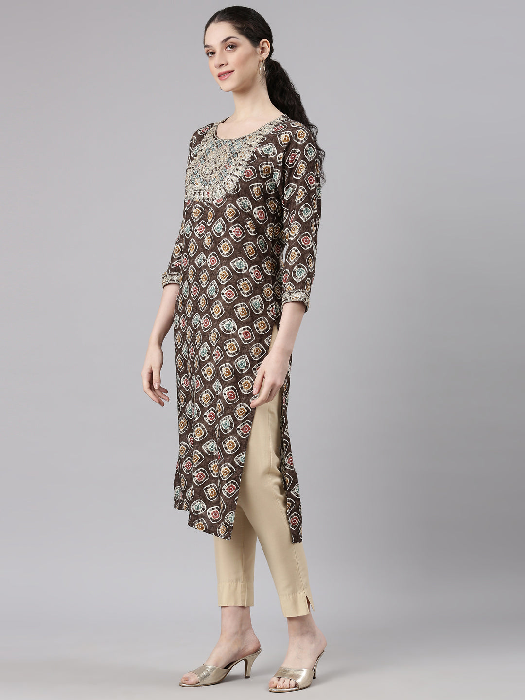 Neerus Grey Straight Casual Embellished Kurtas