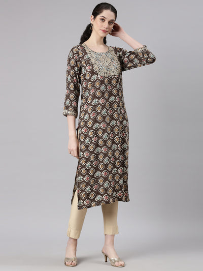 Neerus Grey Straight Casual Embellished Kurtas