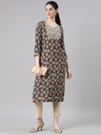 Neerus Grey Straight Casual Embellished Kurtas