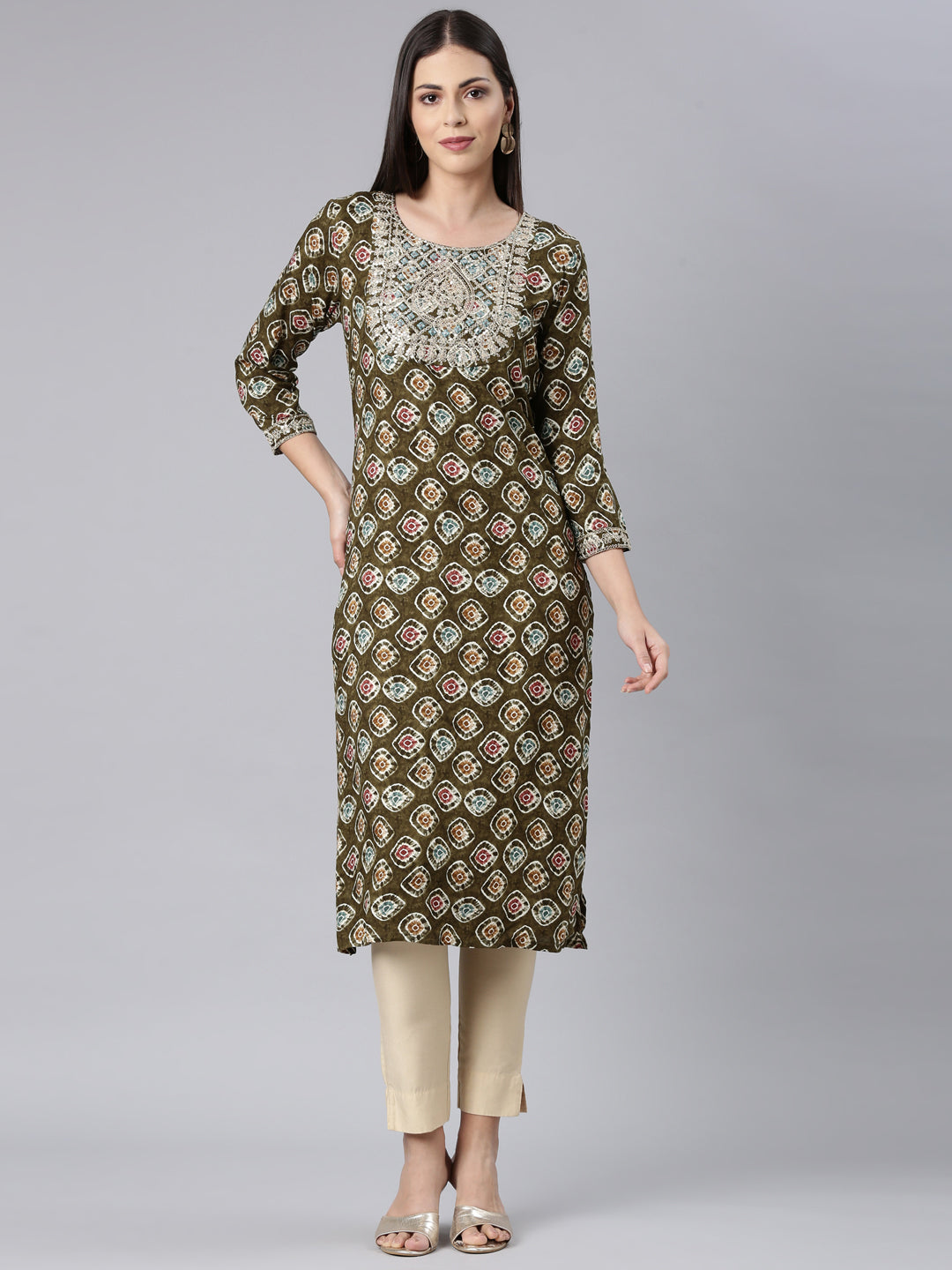 Neerus Green Straight Casual Embellished Straight Kurtas