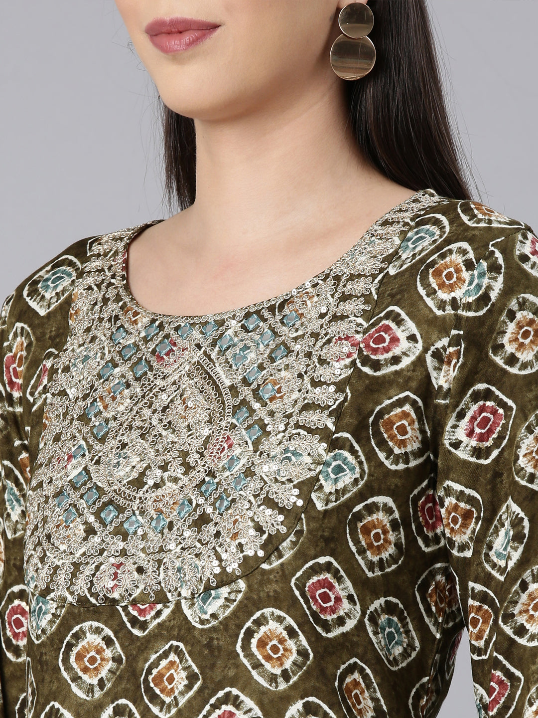 Neerus Green Straight Casual Embellished Straight Kurtas