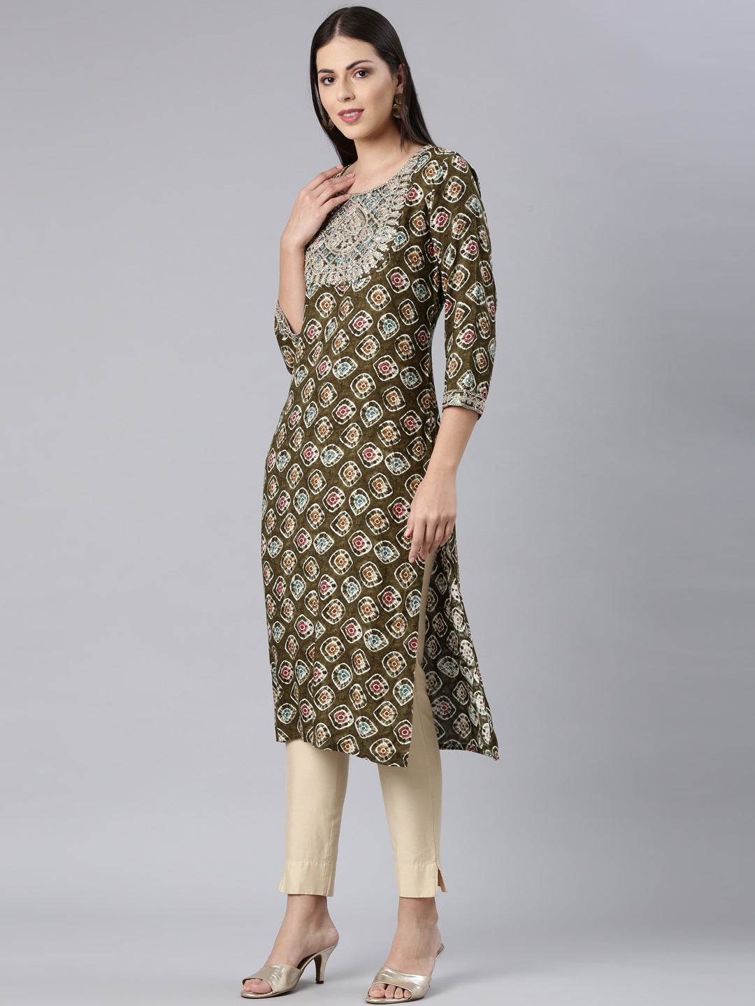 Neerus Green Straight Casual Embellished Straight Kurtas