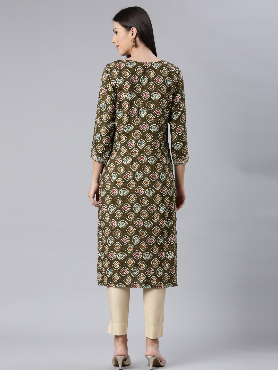 Neerus Green Straight Casual Embellished Straight Kurtas