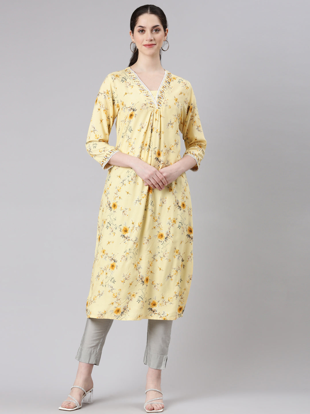 Neerus Yellow Straight Casual Floral Panelled Kurtas