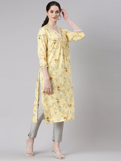 Neerus Yellow Straight Casual Floral Panelled Kurtas